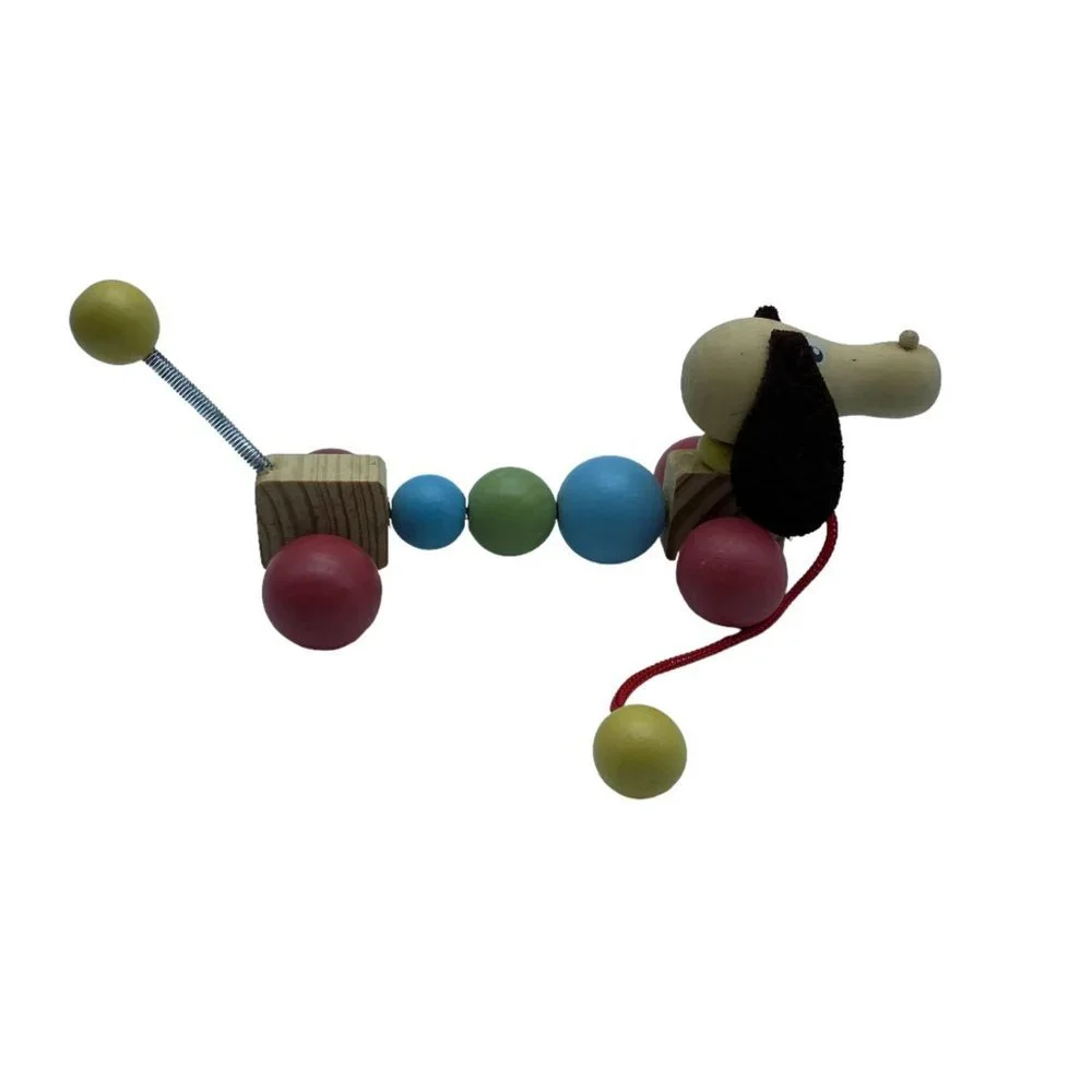 Puppy‎ Dog Dachshund Weiner Wood Beads Tail Pull Behind Along Push Pull Toy 8”